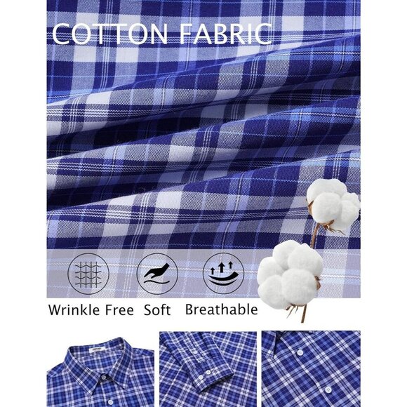 Men’s Long Sleeve Plaid Dress Shirt, Cotton Button-Down Wrinkle-Free Navy Blue - Picture 5 of 5